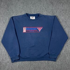 Vintage 90s Guess Sport USA Crewneck Embroidered Sweatshirt Blue Large 0660